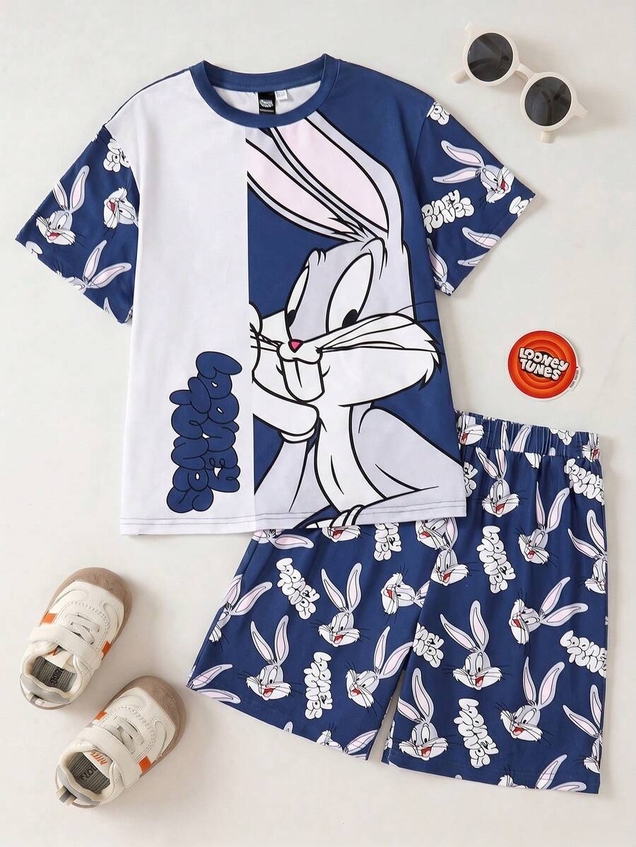LOONEY TUNES X SHEIN 青少年男孩卡通兔子印花休闲短袖 T 恤和短裤舒适睡衣套装 - 彩色 - 查看 1