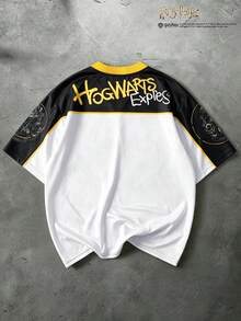 HARRY POTTER X SHEIN PAVTROS Kaos Lengan Pendek Pria dengan Cetakan Huruf, Kasual, Serbaguna, untuk Pemakaian Sehari-hari - Hitam dan Putih - View 2