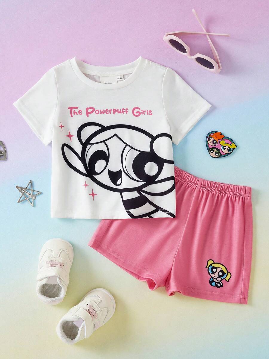 THE POWERPUFF GIRLS X SHEIN 2件套女婴字母印花撞色圆领短袖T恤和休闲短裤套装, - 白色 - 查看 1