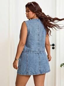 Lounesse Plus Size Solid Color Front Button Sleeveless Vest And Denim Skirt 2-Piece Set Summer Elegant Vacation Beach Wedding Graduation Going Out Ruffle Blue - Blue - View 2