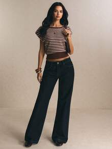 Poéselle Women's Striped Boat Neck Batwing Short Sleeve Casual Retro Vintage 70s 2000s Knit Top Everyday Night Holiday Brown Striped Autumn - Brown - View 6