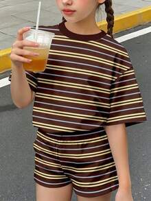 少女休閒簡約時尚棕色條紋短袖圓領T恤與休閒短褲2件套，適合夏季、休閒、返校、開學 - 彩色 - 查看 5