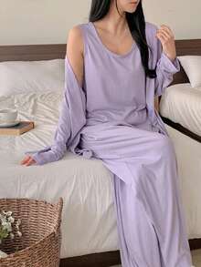 DAZY 3件組女款針織居家休閒套裝，寬鬆舒適素色無袖背心、開襟外套與長褲 - 紫色 - 查看 3