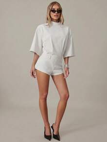 Hauture Women's Exaggerated Shoulder Short Sleeve Open Back Short Romper Old Money Style - White - View 6