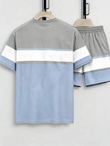 Sorvial Men's Casual Contrast Color Striped Crown Print T-Shirt Set - Multicolor - View 4