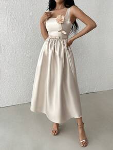 Modelyn Women's Romantic Elegant Shiny 3D Floral Camisole Waist Midi Dress, Luxurious Draping Effect For Party Beige Summer - Apricot - View 8
