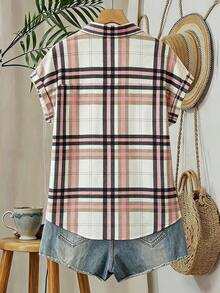 EMERY ROSE Women's Striped Pattern Short Sleeve Button-Up Front Cuffed Sleeve Pocket Vacation Shirt - Multicolor - View 2