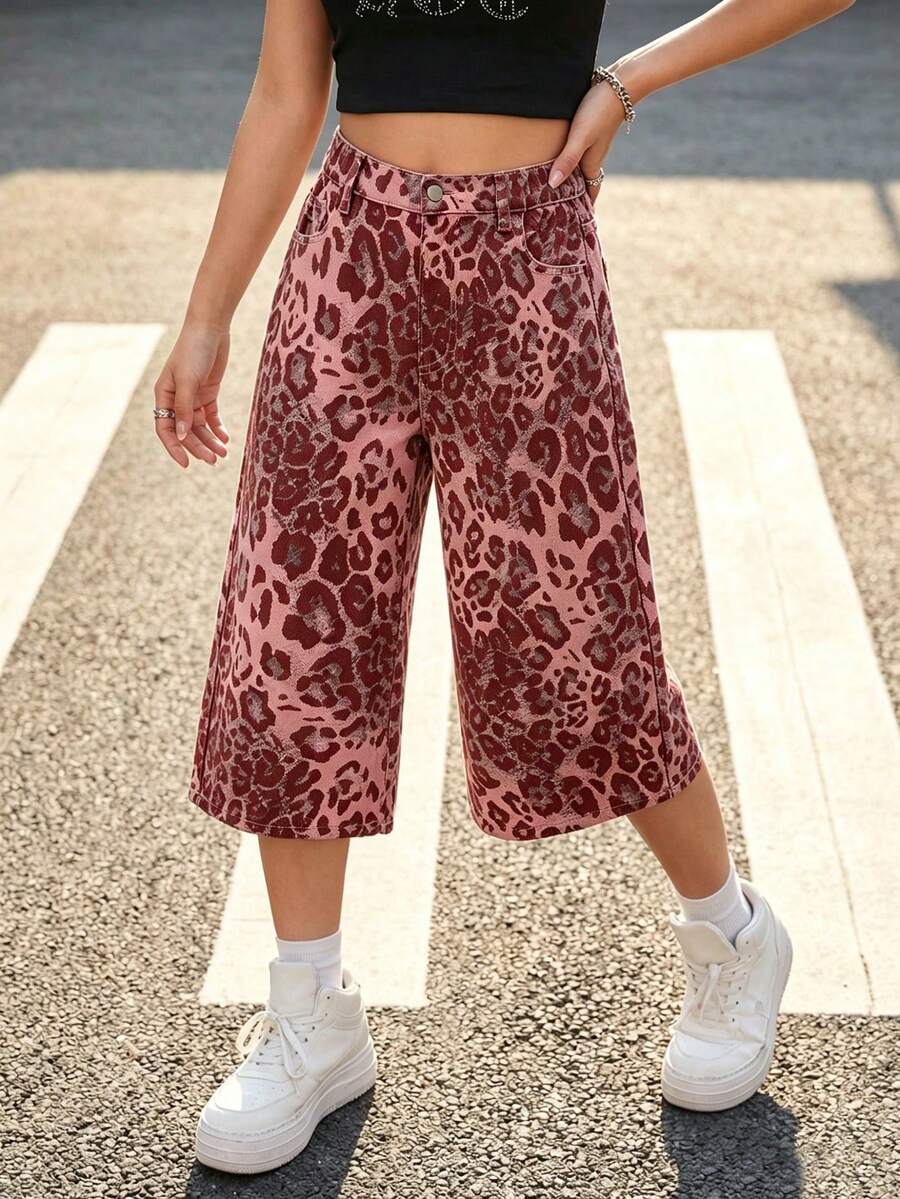 SHEIN Genkimix Kids Tween GirlsComfortable Washed Soft Retro Street Casual Loose Wide Leg Denim Capri Pants, Thin Fabric For Spring & Summer