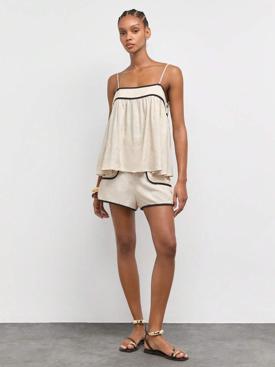 SHEIN Maija Off-White Women's 2 Pieces Set Summer Contrast Trim Camisole Tank Top & Sleeveless Shorts Comfortable Casual Vacation