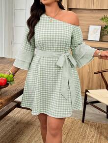 Weeklong Plus Size Women's Spring/Summer Asymmetric Neckline Open Shoulder Plaid Patchwork Ruffle Sleeve Button Waist Belt Tie A-Line Short Dress Fall - Mint Green - View 5
