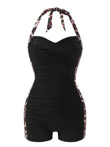 Swim Lushoire Women's Casual Sleeveless Multi-Color Halter Neck One-Piece Beach Swimsuit, Leopard Print Strap Design - Multicolor - View 6