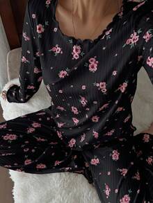 CottageSlumber Women's Cute Ditsy Floral Ribbed Trim Long Sleeve Top & Pants Romantic Floral Pajama Set, Fall & Winter Clothes - Black - View 5