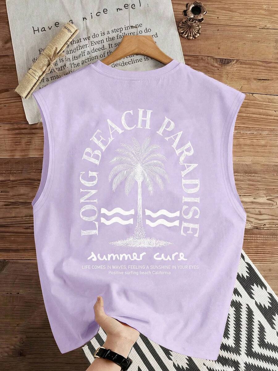 Manfinity Joysei Men's Letter & Coconut Tree Print Crew Neck Tank Top - Purple - View 1