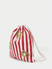 SHECARRY Mochila con cordón de cuentas de árbol de coco a rayas rojas y blancas, bolsillo con cierre de viento para vacaciones de verano en la playa, mochila casual y ligera - Multicolor - Ver 2