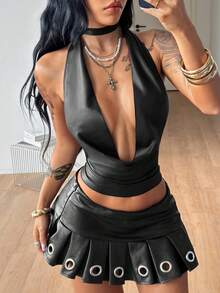 Coolane Women's Autumn Chic Y2K Streetwear Concert Casual Sexy Party Club Night Date Night Stretchy Black Swing Collar Backless Sleeveless Crop Top, Top - Black - View 1