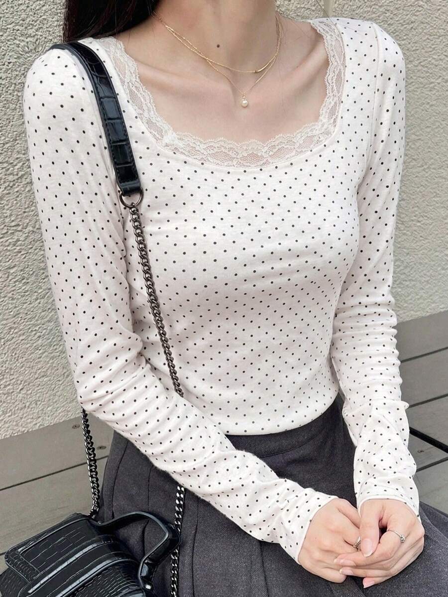 Dazy Tall 女款高個長袖圓點蕾絲拼接休閒T恤,適合高個女孩 - 黑與白 - 查看 1