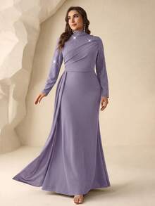 Coutiva 大尺碼女款立領仿珍珠裝飾優雅收腰正式晚禮服洋裝 - 淡紫色 - 查看 7