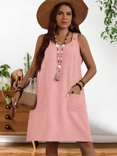EMERY ROSE Plus Size Women Summer Casual Button Decor Double Pocket Sleeveless Dress Solid Color Scoop Neck Patchwork Pocket Loose Dress,Holiday Outfits For Women,Going Out Outfits,Summer Dress,Dress Modest,Sun Dresses For Women,Sundress,Flowy Dress,Holiday Outfits Boho, Summer Dress With Pocket, Summer Casual Dress