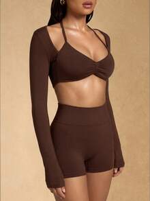 Silquee Conjunto deportivo ajustado de top ultra corto y shorts de unicolor para mujer - Café integral - Ver 5