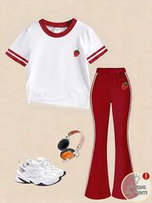 SHEIN [Random 2 Sets, 1 Set Shipped]! Surprise Blind Box!!!! 2pcs/Set Girls Strawberry And Bow Print Top And Flare Pants Set, Comfortable Summer Style Cute White And Red Casual Daily Wear Fashionable Little Girls Outfit Red Set White Set Cute Daily Comfortable Sweet Kawaii - White - View 3