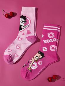 Betty Boop x SHEIN 2雙女款可愛卡通角色圖案中筒襪，禮物，XOXO，親吻，愛，禮物靈感，派對，節日，情人節 - 彩色 - 查看 7