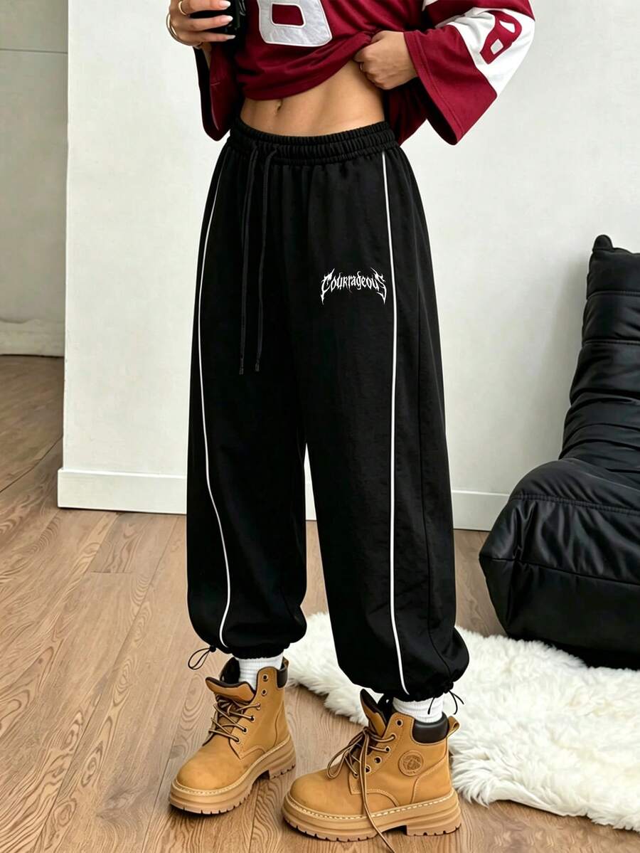 Sport MetroGents Men's Letter Print Drawstring Adjustable Hem Sports Long Pants - Black - View 1