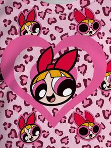 THE POWERPUFF GIRLS X SHEIN 少女卡通爱心印花圆领短袖T恤 - 白色 - 查看 4