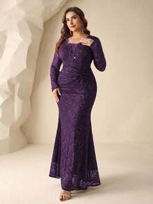 Coutiva Premium Plus Size Beaded Fitted Evening Dress - Dark Purple - View 3