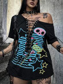 Whyspr Plus Size Black American Retro Dark Style Asymmetric Shoulder Print Lace-Up Deep V-Neck T-Shirt, Hot Girl Loose Slimming Mid-Length Top With Print And Eyelet Webbing Decor, Plus Size Asymmetric Shoulder Short Sleeve T-Shirt, Street Dark Style Plus Size Black Summer Short Sleeve Top - Black - View 1