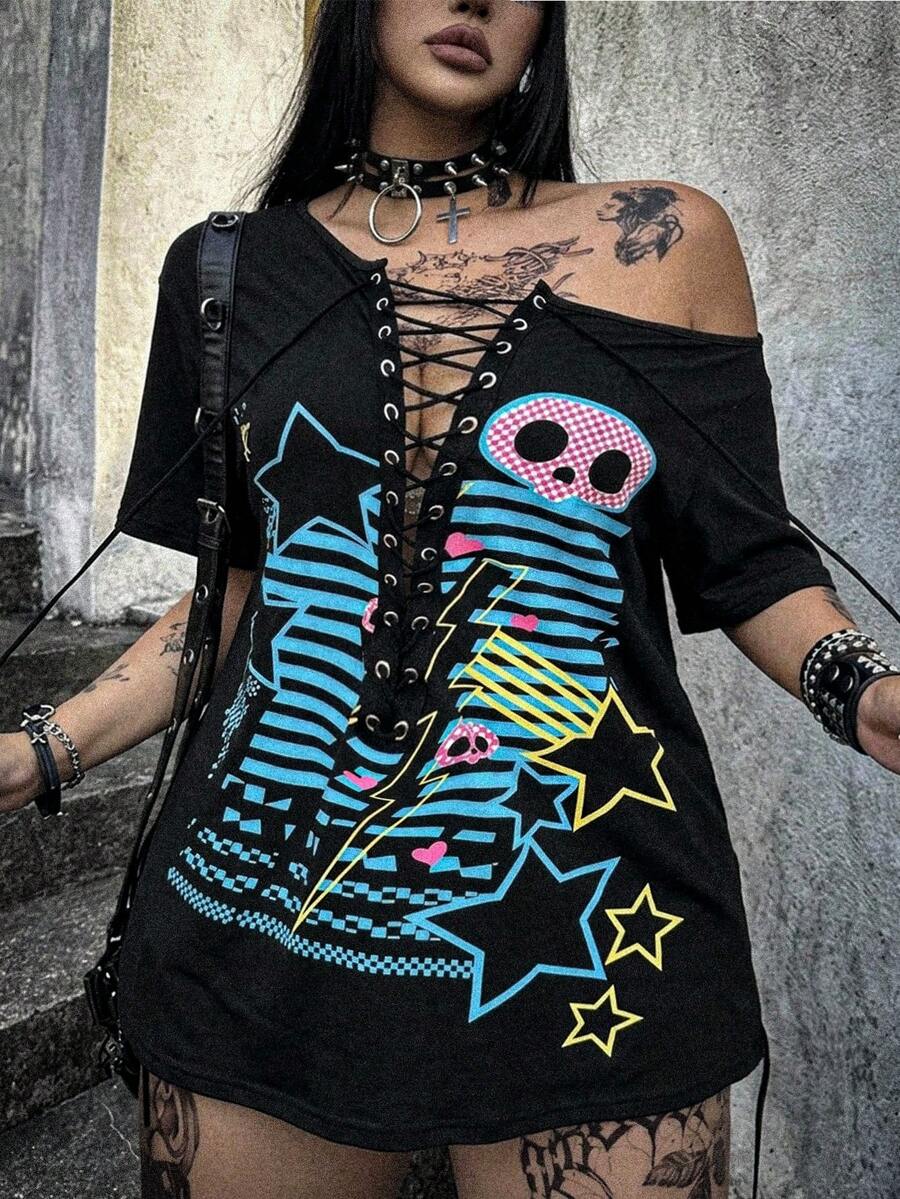 Whyspr Plus Size Black American Retro Dark Style Asymmetric Shoulder Print Lace-Up Deep V-Neck T-Shirt, Hot Girl Loose Slimming Mid-Length Top With Print And Eyelet Webbing Decor, Plus Size Asymmetric Shoulder Short Sleeve T-Shirt, Street Dark Style Plus Size Black Summer Short Sleeve Top - Black - View 1