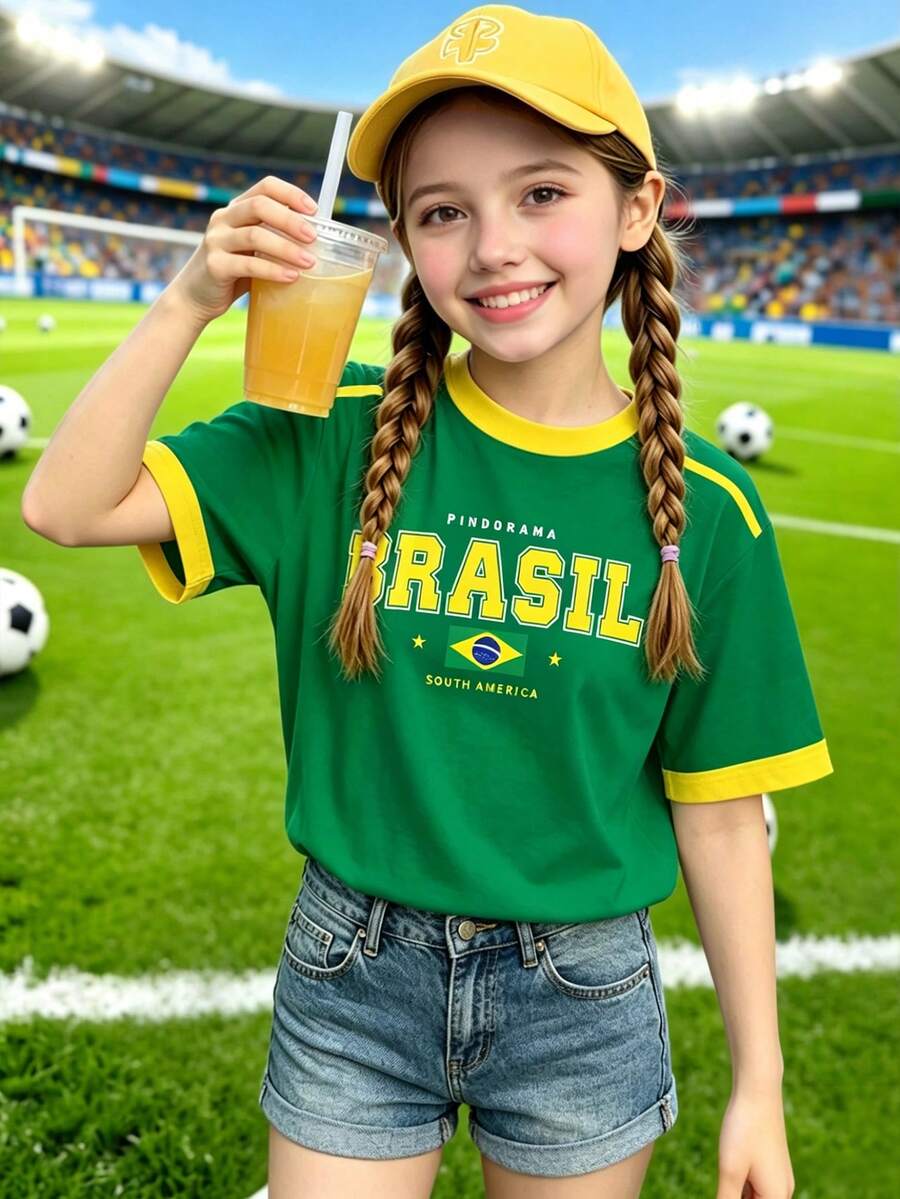 Kaos Lengan Pendek Kasual Dasar Motif Bintang Lima Huruf Lengkung Brasil Minimalis Premium Kreatif Personalisasi untuk Anak Perempuan Musim Semi Musim Panas Musim Gugur, Cocok untuk Gaya Musim Panas dan Gugur. - MultiWarna - View 1