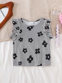 SHEIN Camiseta de manga corta con estampado floral a rayas negras y blancas para niñas & tela con rayas verticales texturizadas & diseño de manga campana & top infantil estilo coreano dulce & uso diario de verano amigable con la piel & diseño de nicho ropa infantil suave y linda - Blanco y Negro - Ver 3