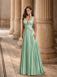 Glamrae Elegant Green Organza Fabric Rhinestone Chain Decor Bustier Ultra-Full Skirt Party Dress Wedding Guest Dress Bachelorette Dress Formal Evening Gown - Green - View 5