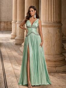 Glamrae Elegant Green Organza Fabric Rhinestone Chain Decor Bustier Ultra-Full Skirt Party Dress Wedding Guest Dress Bachelorette Dress Formal Evening Gown - Green - View 7
