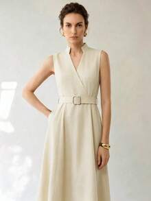 Uhlyne Uhlyne Navy Stand Collar Sleeveless Belted A-Line Cotton Blend Summer Commute & Casual Dress - Apricot - View 5