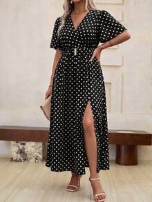 Vionelle Plus Size Women's Fashionable Long Allover Print Dress With Ruffled Short Sleeves, Side Slit And - Black - View 1
