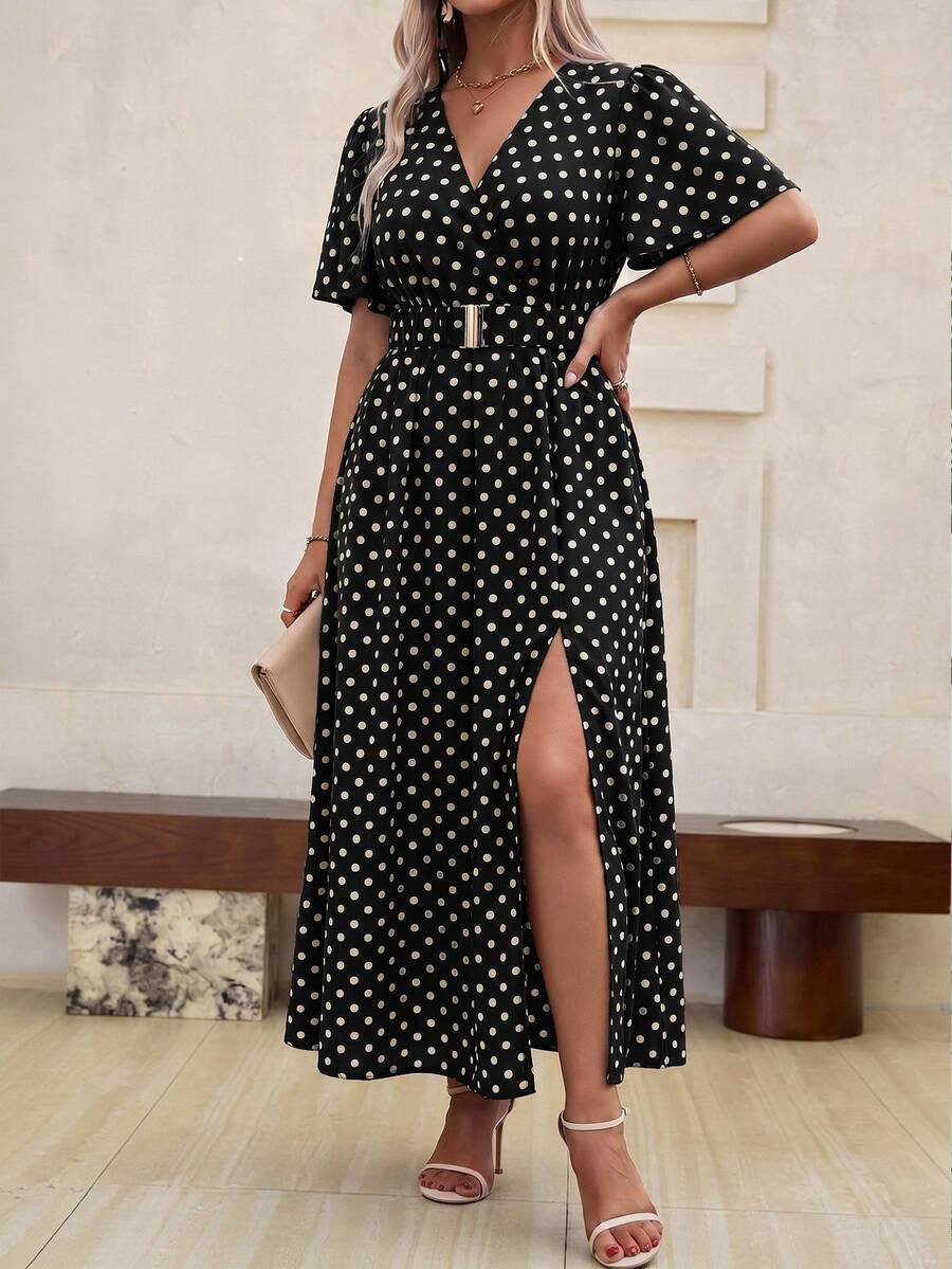 Vionelle Plus Size Women's Fashionable Long Allover Print Dress With Ruffled Short Sleeves, Side Slit And - Black - View 1