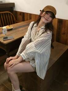 DAZY Women's Striped Elegant Spring/Summer Airy Versatile Long Sleeve Shirt - Apricot - View 6