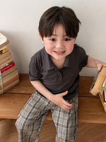 DAZY 嬰兒/幼兒(男童)圓領純色休閒T恤與格紋長褲2件套 夏季 - 灰色 - 查看 6