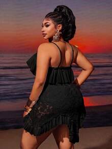 Maweii Women's Summer Adjustable Strap Neckline Ruffle Hem Lace Patchwork Plus Size Dress, Romantic Sexy Party Beach Vacation Casual Vacation Outfit Black - Black - View 2