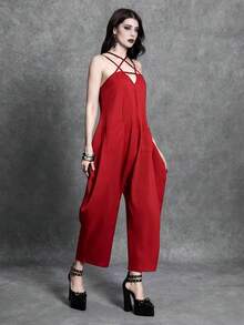 Glisette Black Sexy Loose Sleeveless Jumpsuit - Red - View 1