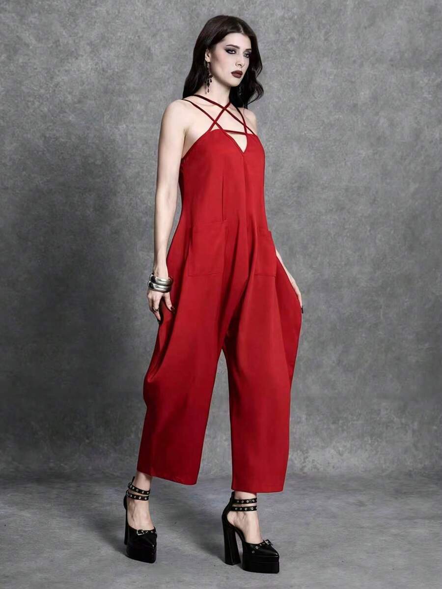 Glisette Black Sexy Loose Sleeveless Jumpsuit - Red - View 1