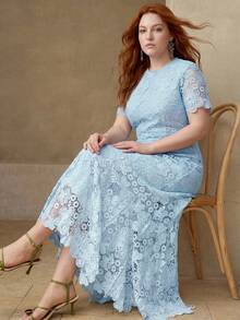 MOTF PREMIUM WOMEN PLUS ELEGANT LACE MIDI DRESS - Baby Blue - View 3