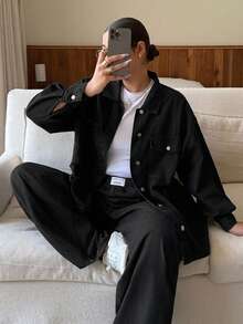 Dripcurv 大尺碼女款長袖鈕扣夾克與長褲牛仔套裝 秋季 - 黑色 - 查看 2