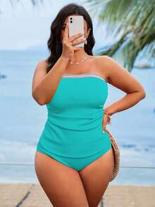 Swim Lushoire Plus Size Women's Pink Halter Bandeau Two-Piece High-End Colorblock Slimming Beach Vacation Swimsuit - Mint Green - View 4