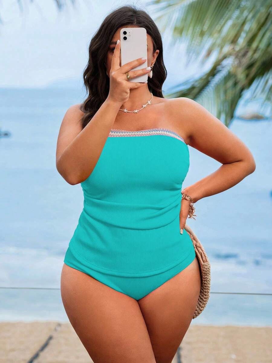 SHEIN Swim 大尺碼女款粉色掛脖抹胸兩件式高端拼色顯瘦海灘度假泳衣 - 薄荷綠 - 查看 1