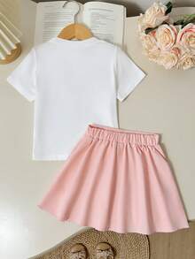 SHEIN Elladie kids 女童休閒日常短袖舞團風紫色圖案米白色T恤與紫色百褶裙學院風夏季套裝 - 粉色 - 查看 5
