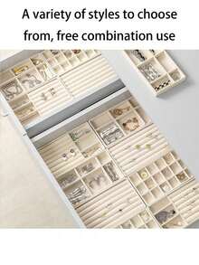 6/7/8/9pcs/Set Beige Jewelry Tray Set, Stackable Jewelry Storage Organizer, Velvet Jewelry Display Tray, Drawers Jewelry Box, Multi-Compartment Jewelry Storage Case, Large Capacity, Multi-Size, Removable, Suitable For Necklace, Earring, Ring, - Multicolor - View 4