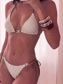 Swim Vcay 2026春夏棕色格紋細肩帶性感綁帶側高衩比基尼兩件式泳衣女款 - 棕色 - 查看 1