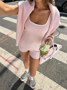 Aloruh Sleeveless Square Neck Backless Colorblock Trim Jumpsuit - Pink - View 8